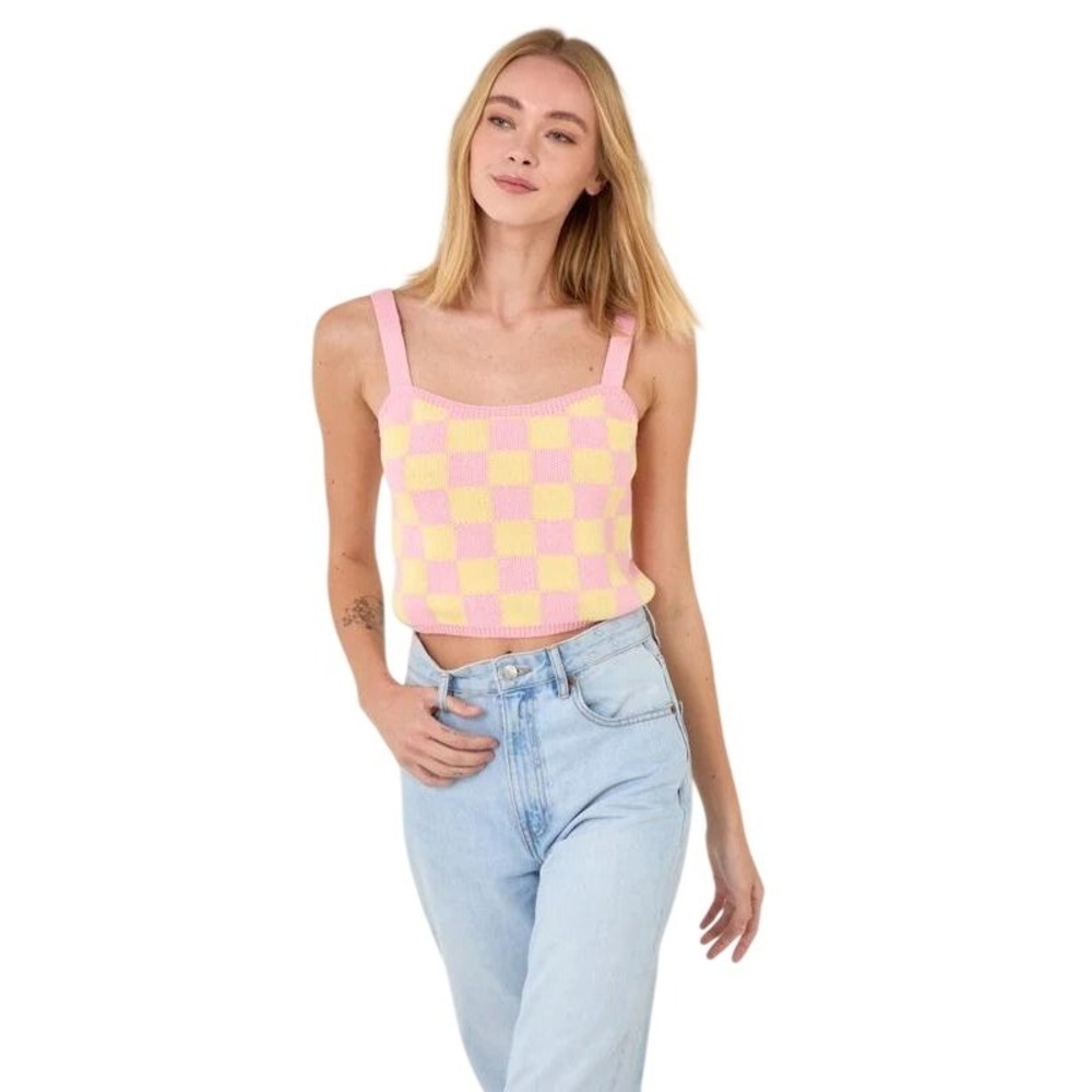English Factory Women's Keep It In Check Knit Square Neck Cropped Cami Top Sz S